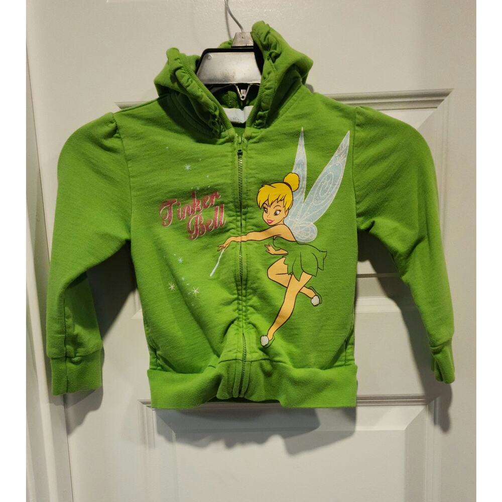 Disney Store Tinker Bell Girls Zip-Up Hoodie Green Sparkle Fairy Y2K